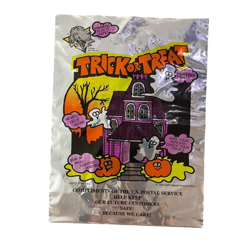 Vintage 90s Foil Trick Or Treat Bag Halloween USPS Postal Service McGruff 15X11"